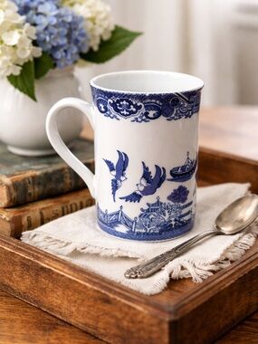 Royal Cuthbertson Blue & White Porcelain Mug Birds Asian Scenic Coffee Tea Cup